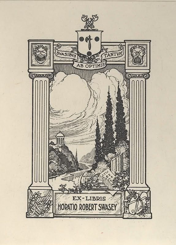 Ex Libris bookplate with classical columns and framed landscape