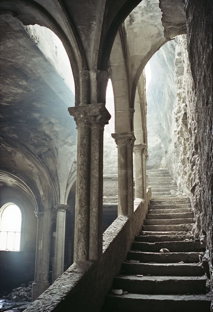 Weathered stone staircase and columns