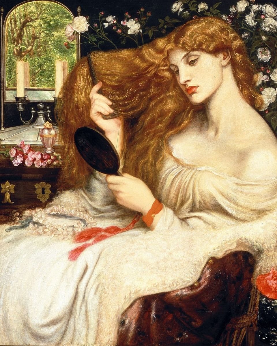 Pre-Raphaelite painting of a woman at her mirror
