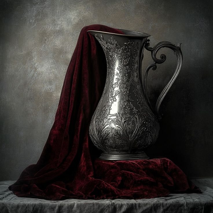 Pewter jug draped in dark velvet