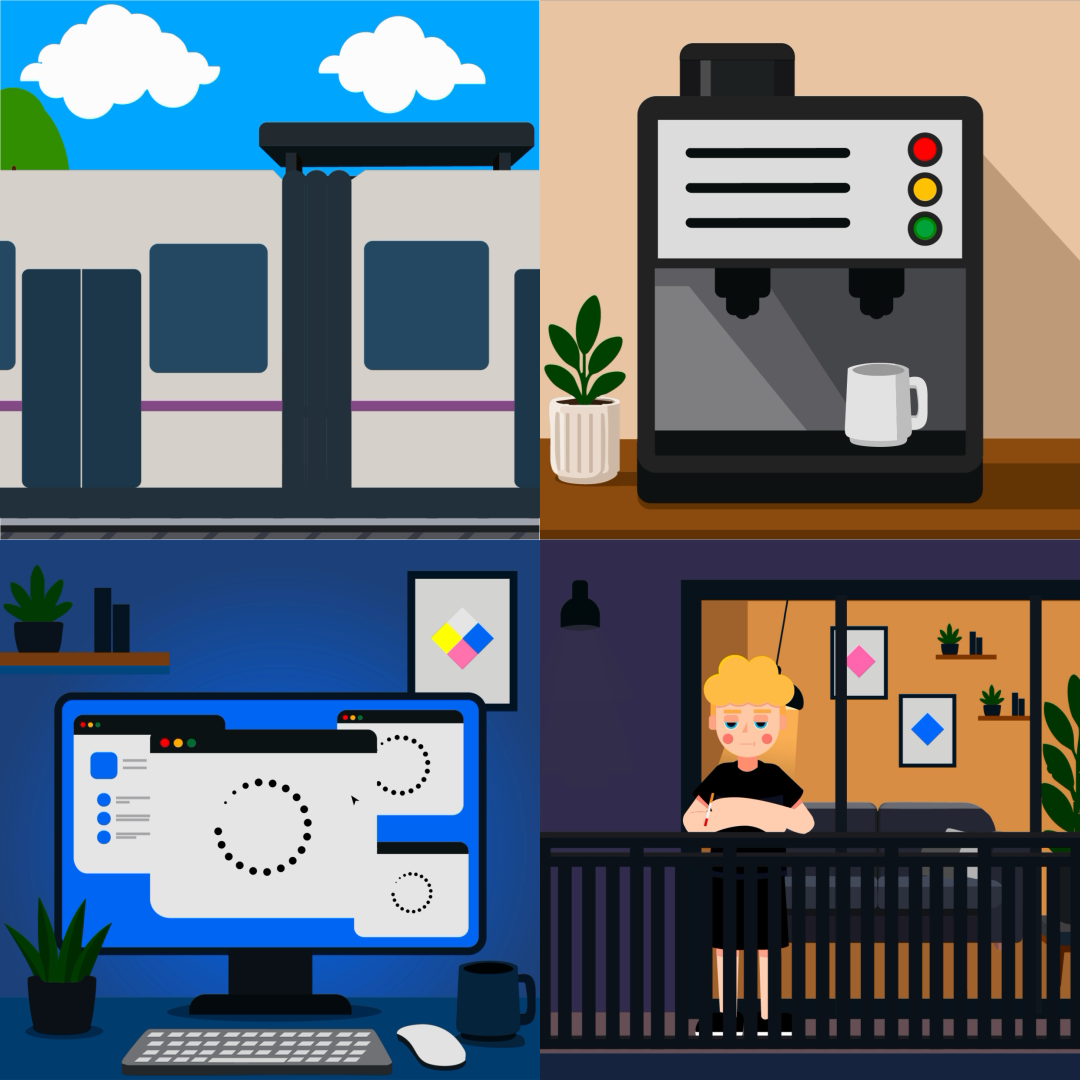 Four-panel flat design animation loop, still frame