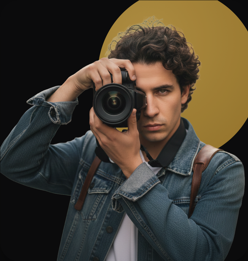 Rick Williams holding a camera, lit against a dark background with a gold accent shape