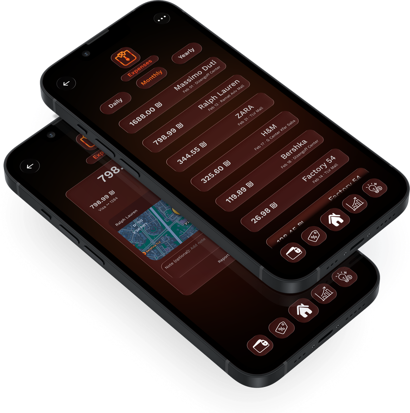 Wallet app expenses list with per-purchase detail