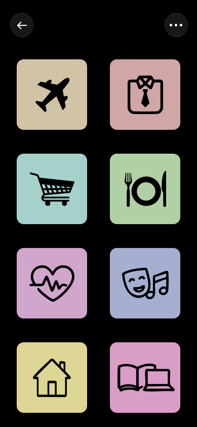Initial exploration: colourful category icon grid, each tile a different pastel colour