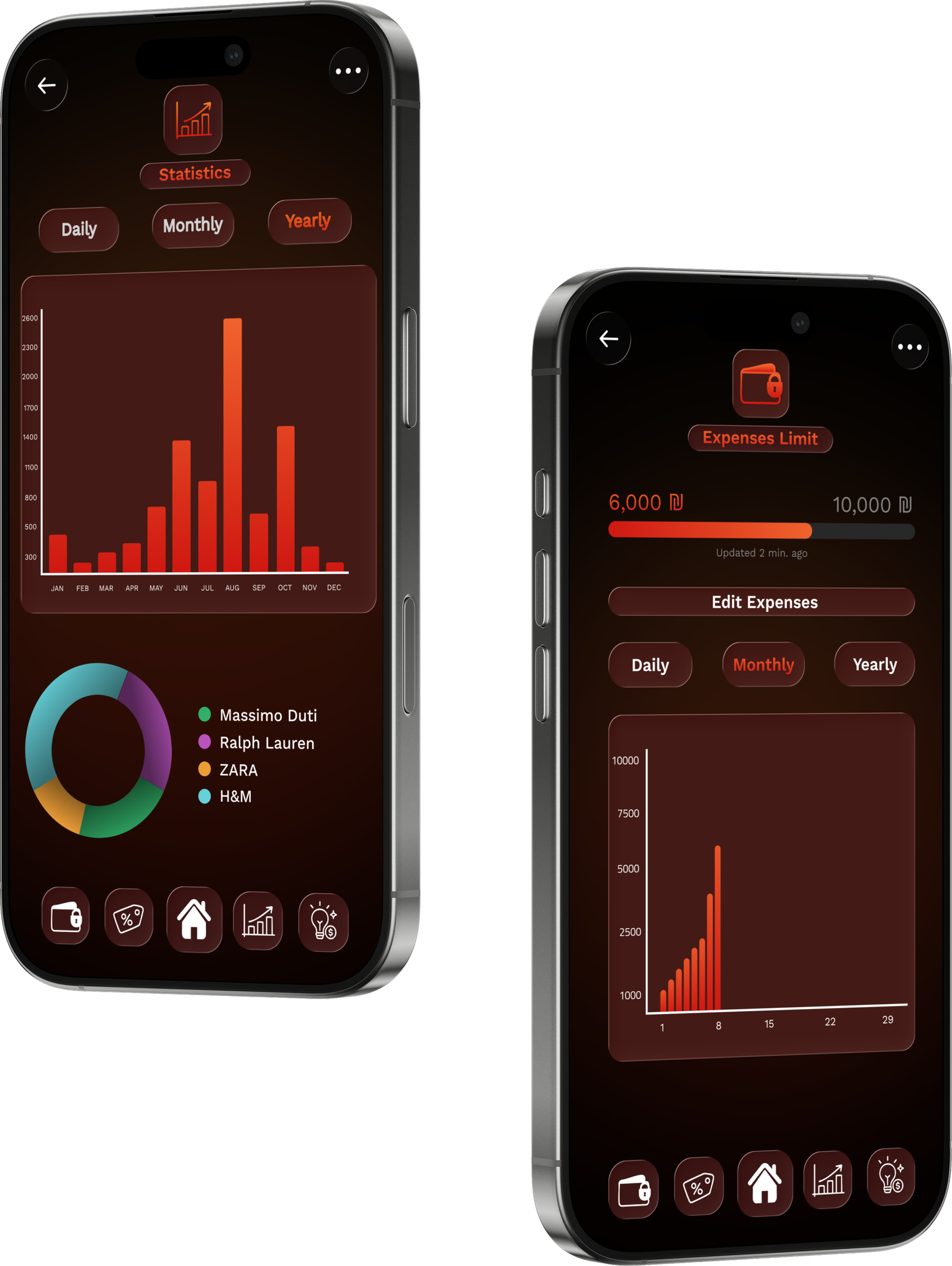 Wallet app yearly statistics and expenses limit screens