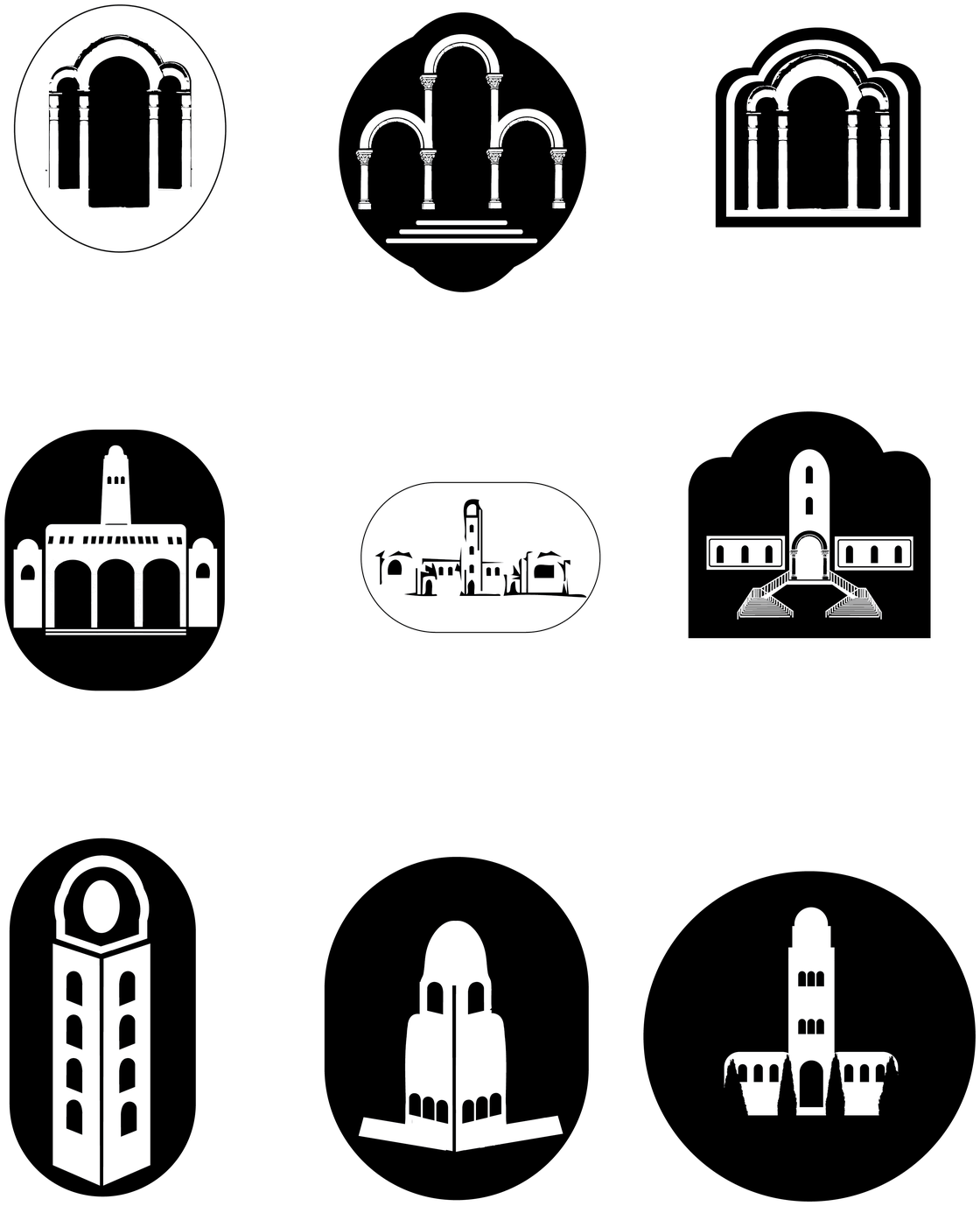 Sheet of early YMCA logotype exploration sketches, nine arch and tower variations